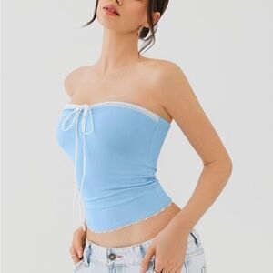 Light Blue Strapless Top with White Trim , Blue Size XL